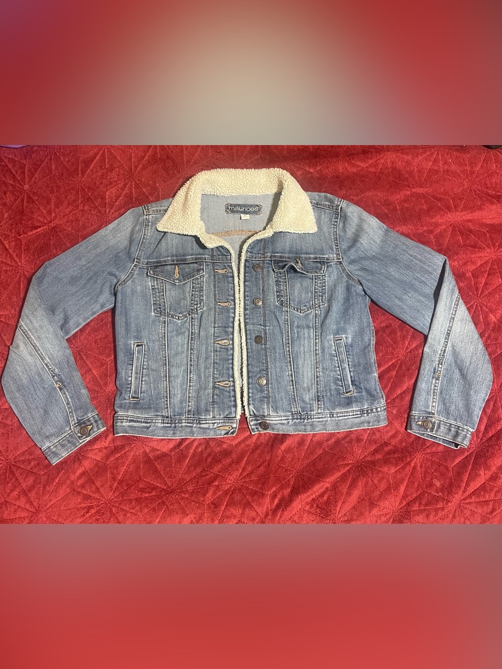 Maurices Light Blue Denim Jacket with Cream Sherpa Collar